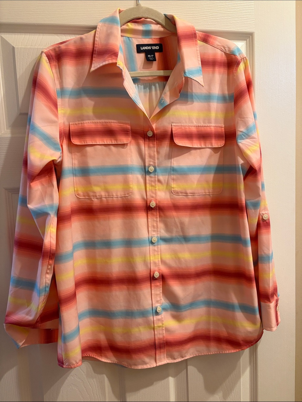 Lands' End Coral Striped Button-Down Shirt with Blue & Yellow Accents